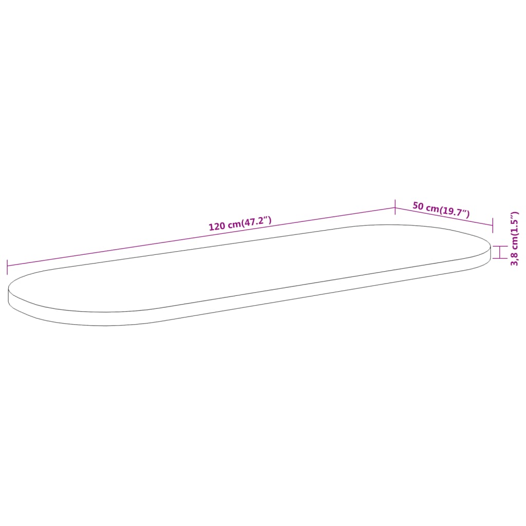 Bordplate 120x50x3,8 cm oval heltre akasie
