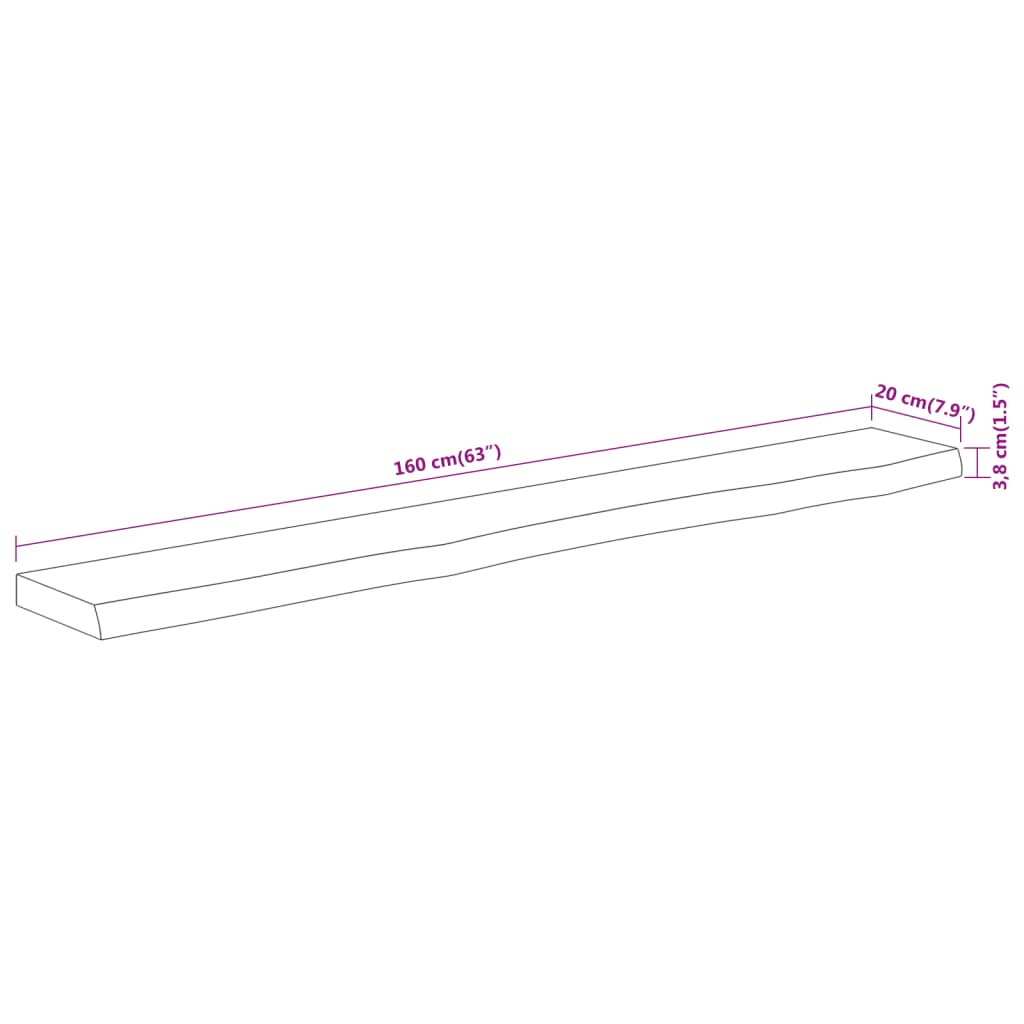 Vegghylle 160x20x3,8 cm rektangulær heltre akasie naturlig kant