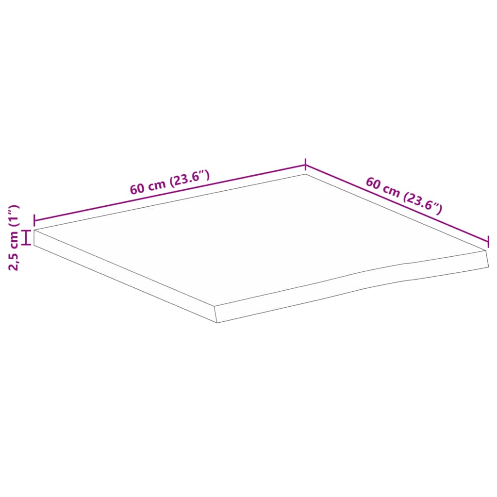 Bordplate 60x60x2,5 cm naturlig kant grovt heltre mangotre