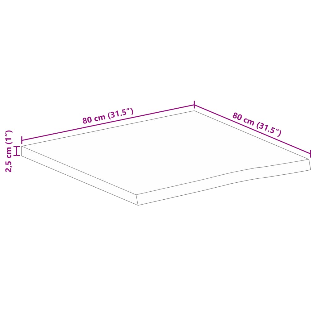 Bordplate 80x80x2,5 cm naturlig kant grovt heltre mangotre