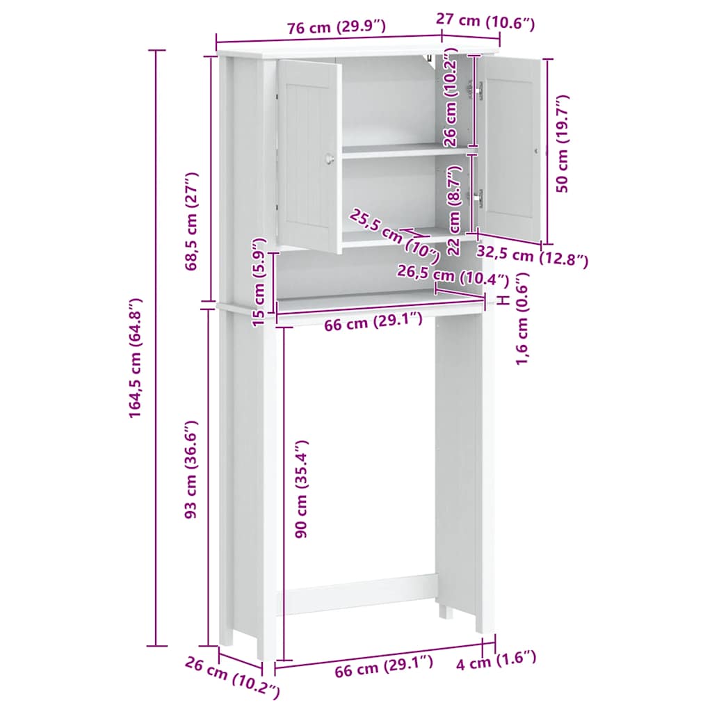 Vaskemaskinskap BERG hvit 76x27x164,5 cm heltre furu vidaXL