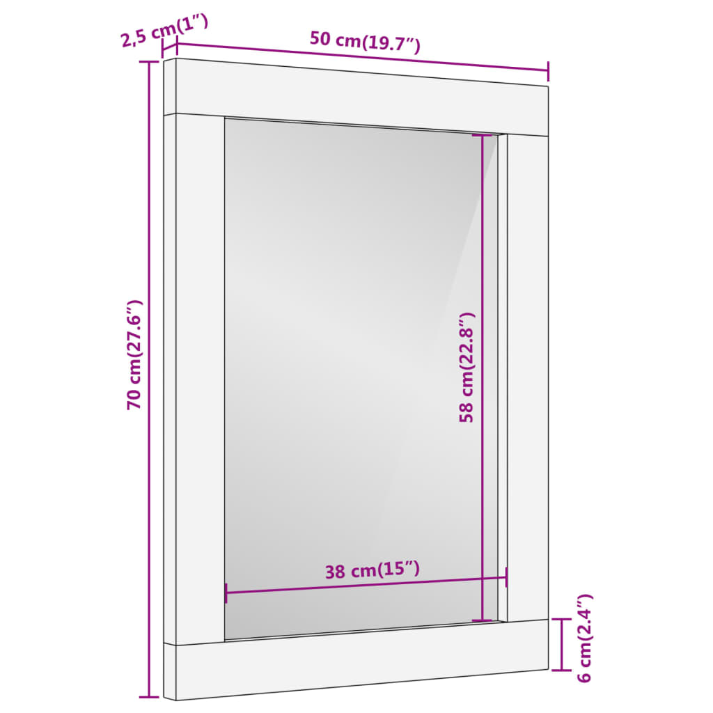 Baderomsspeil 50x70x2,5 cm heltre mango og glass