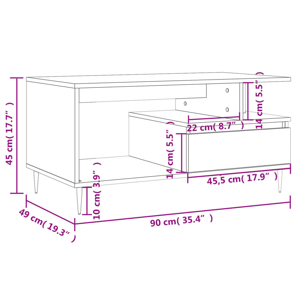 Salongbord sonoma eik 90x49x45 cm konstruert tre