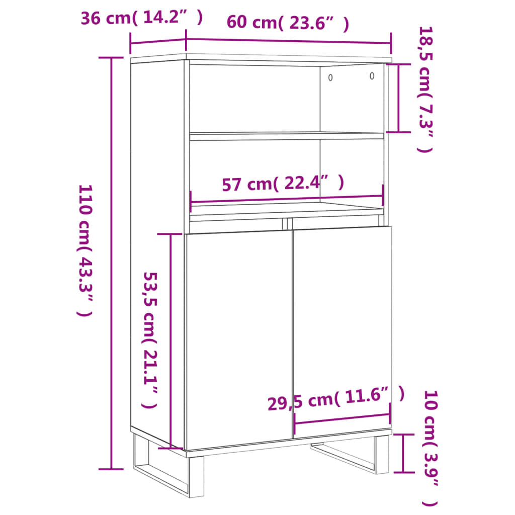 Highboard betonggrå 60x36x110 cm konstruert tre
