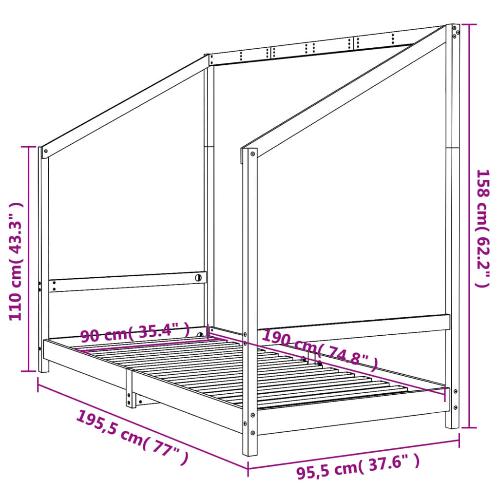 Barnesengeramme hvit 90x190 cm heltre furu