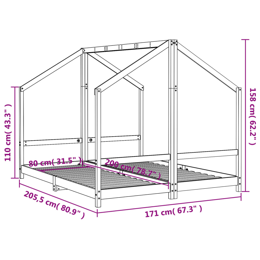 Barnesengeramme svart 2x(80x200) cm heltre furu