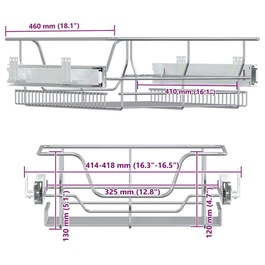 Uttrekkbare kurvskuffer 2 stk sølv 45 cm