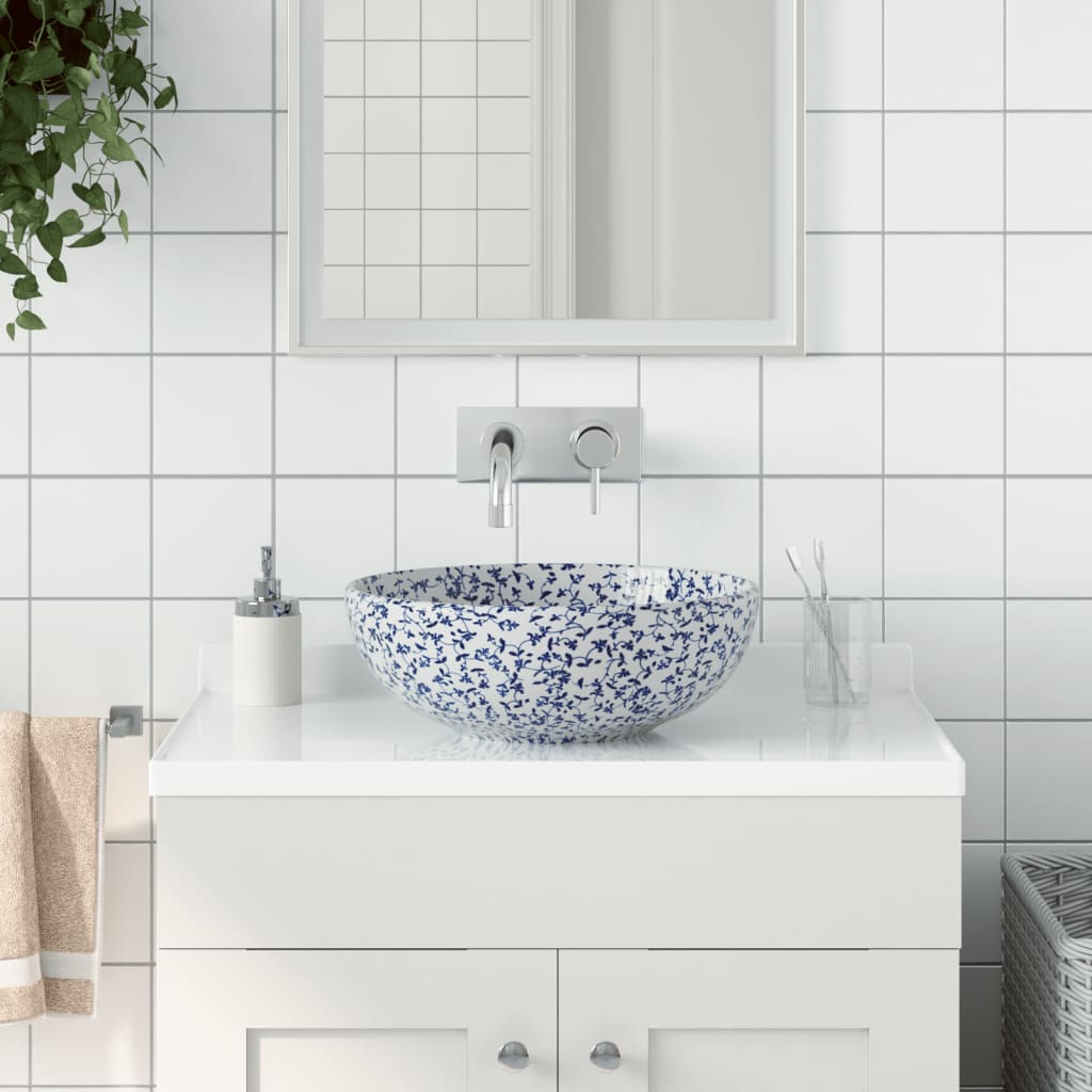 Benkeservant hvit og blå rund Φ41x14 cm keramikk
