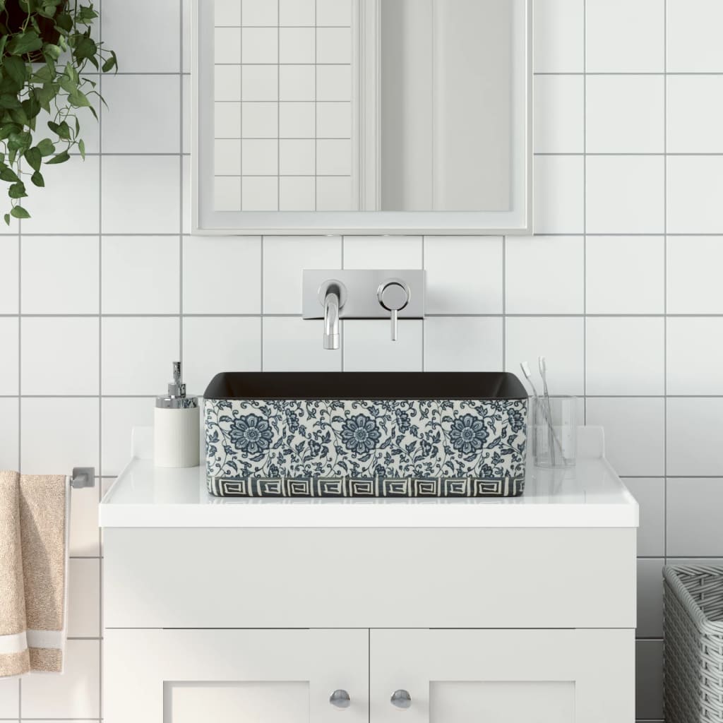 Benkeservant svart og blå rektangulær 46x35,5x13 cm keramikk