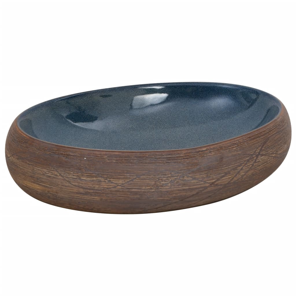 Benkeservant brun og blå oval 59x40x15 cm keramikk