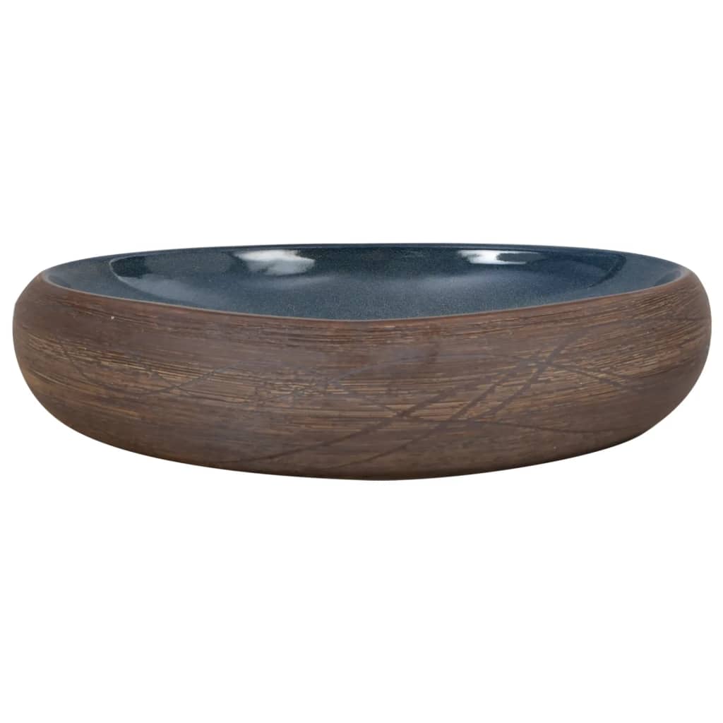 Benkeservant brun og blå oval 59x40x15 cm keramikk