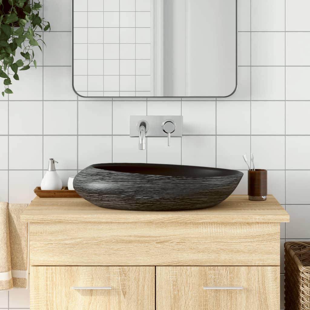 Benkeservant grå og svart oval 59x40x14 cm keramikk