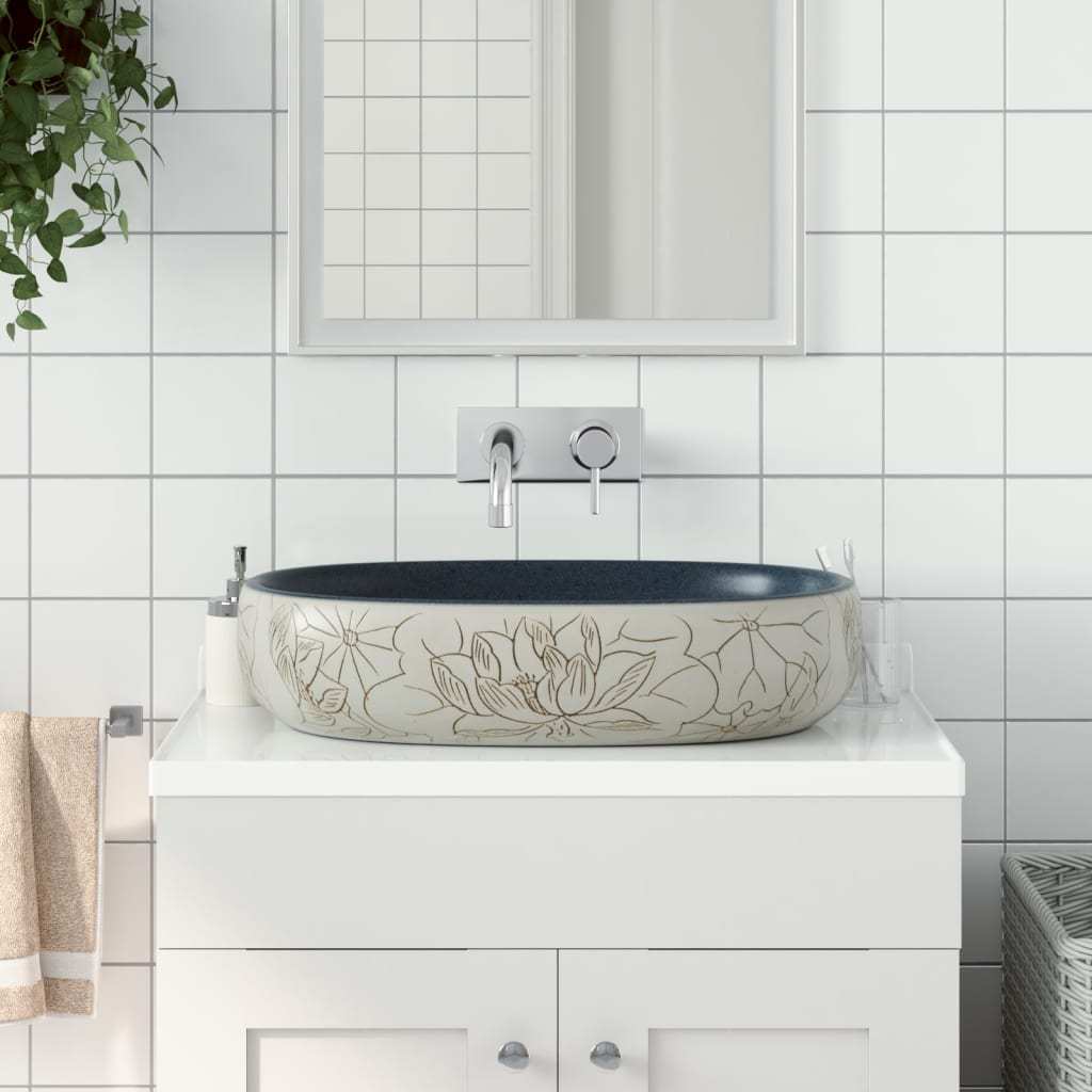 Benkeservant sand og blå oval 59x40x14 cm keramikk vidaXL