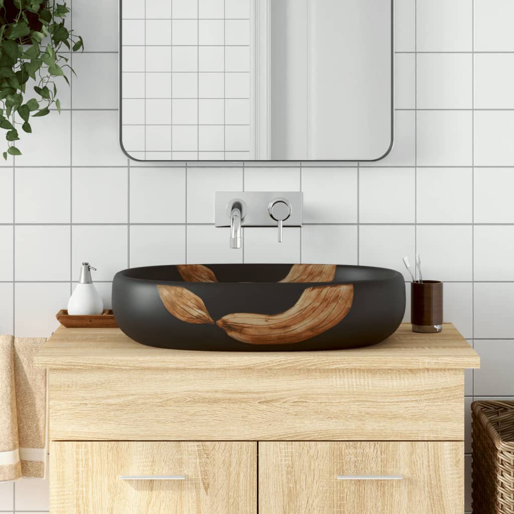 Benkeservant svart oval 59x40x14 cm keramikk