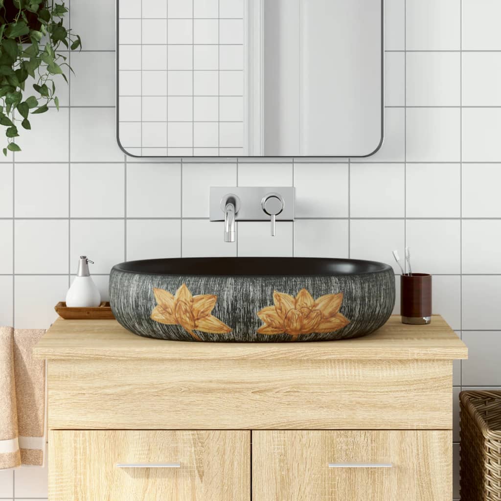 Benkeservant grå og svart oval 59x40x14 cm keramikk vidaXL