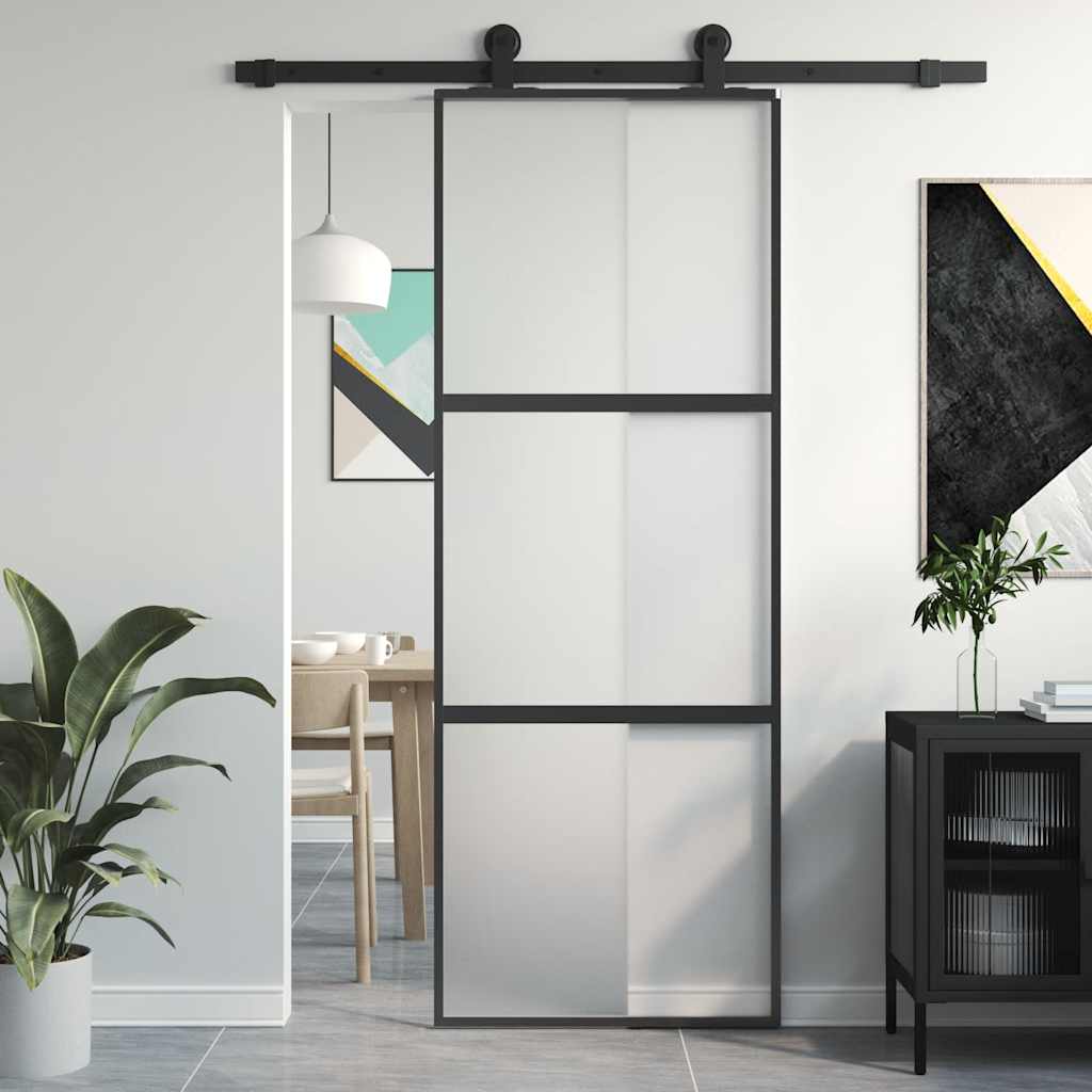 Skyvedør svart 76x205 cm herdet glass og aluminium