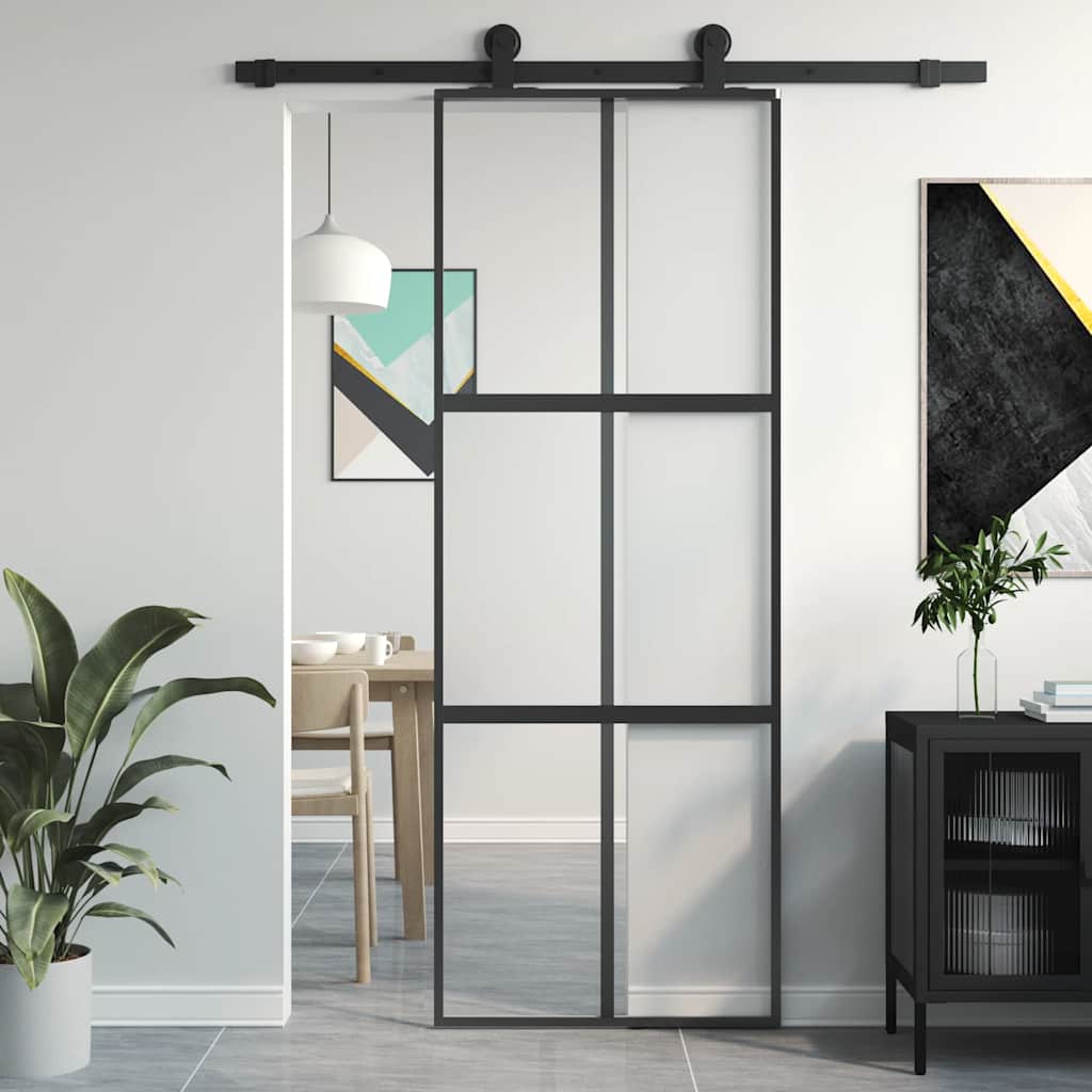 Skyvedør svart 76x205 cm herdet glass og aluminium