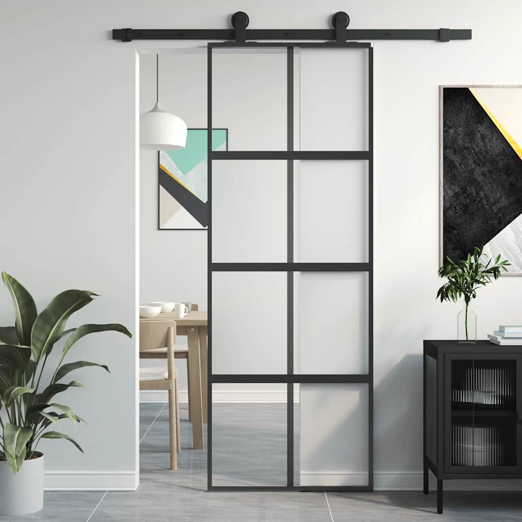 Skyvedør svart 76x205 cm herdet glass og aluminium