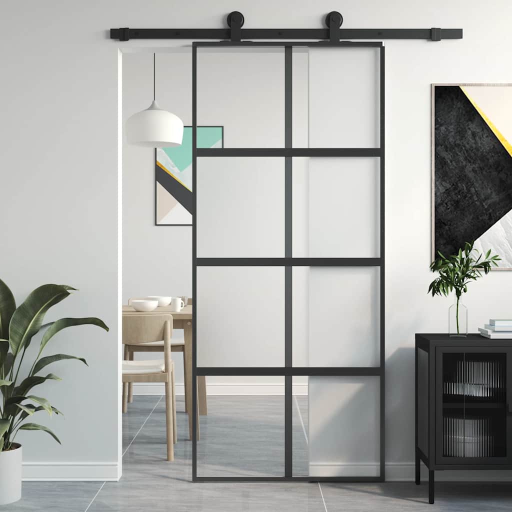 Skyvedør svart 90x205 cm herdet glass og aluminium