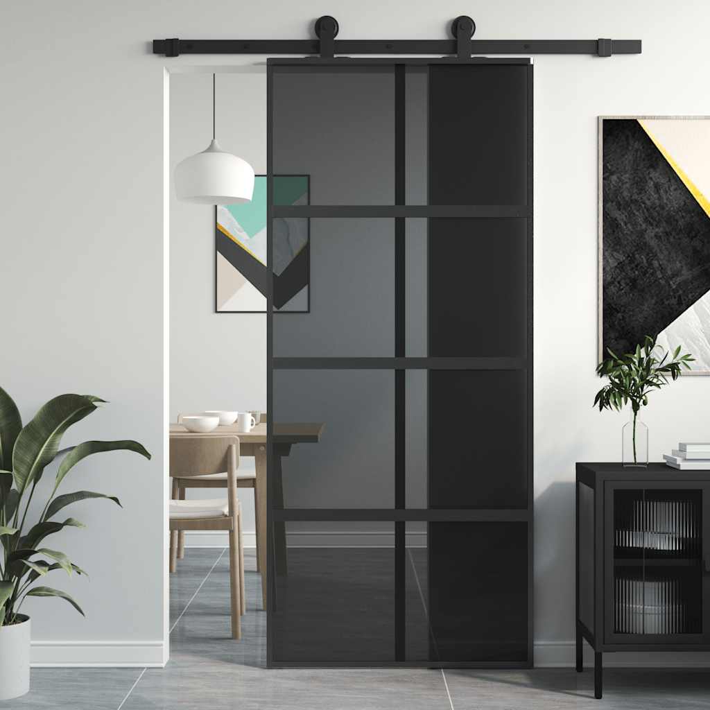 Skyvedør svart 90x205 cm herdet glass og aluminium