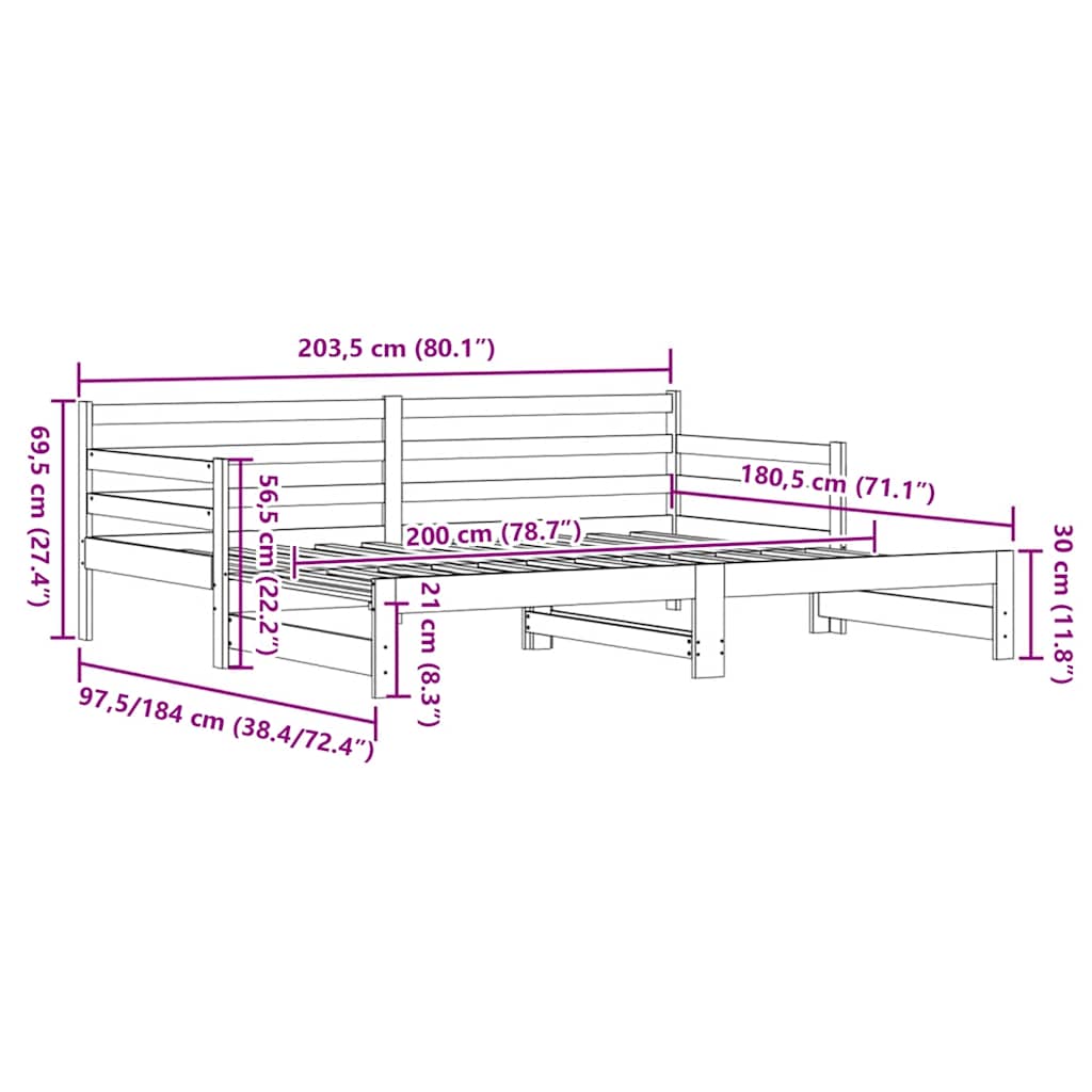 Uttrekkbar dagseng svart 90x200 cm heltre furu