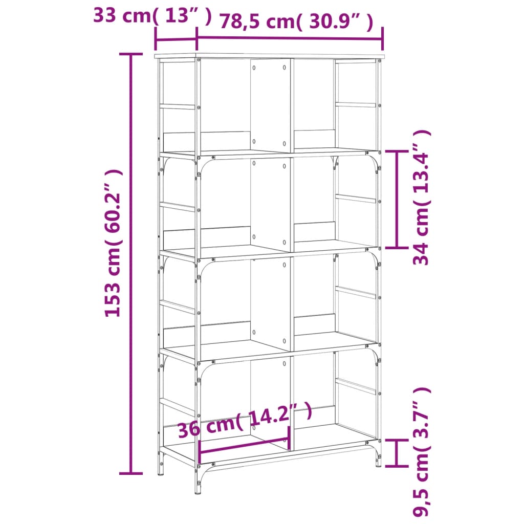 Bokhylle sonoma eik 78,5x33x153 cm konstruert tre