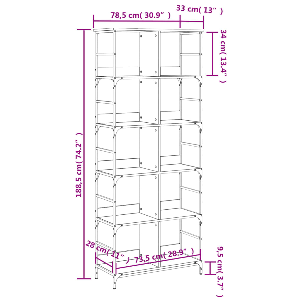 Bokhylle sonoma eik 78,5x33x188,5 cm konstruert tre