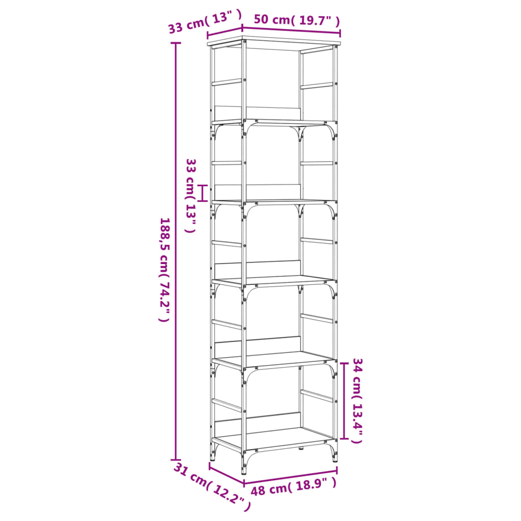 Bokhylle Sonoma eik 50x33x188,5 cm konstruert tre vidaXL