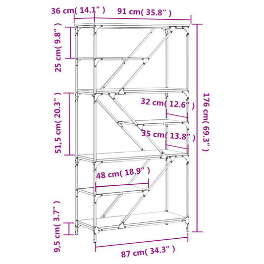 Bokhylle sonoma eik 91x36x176 cm konstruert tre og jern