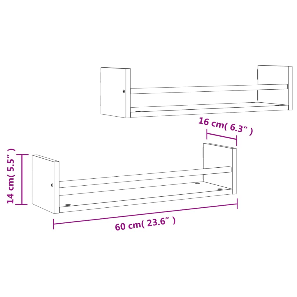 Vegghyller med stenger 2 stk svart 60x16x14 cm