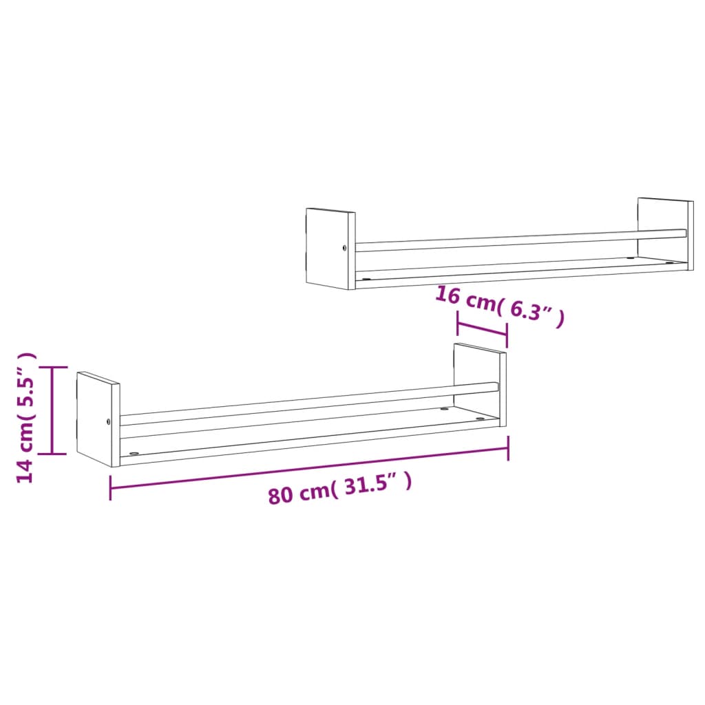 Vegghyller med stenger 2 stk svart 80x16x14 cm