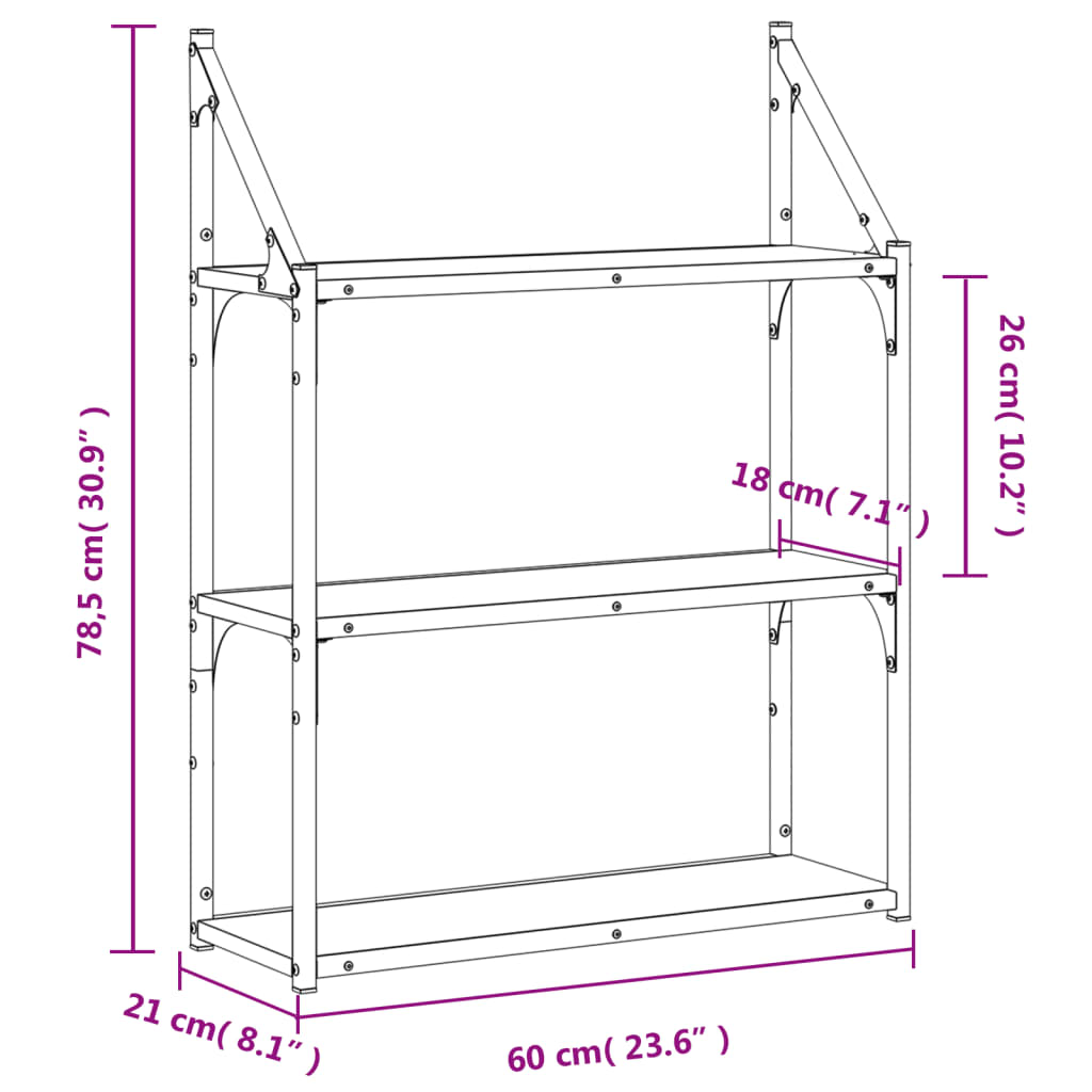 Vegghylle 3 etasjer brun eik 60x21x78,5 cm konstruert tre