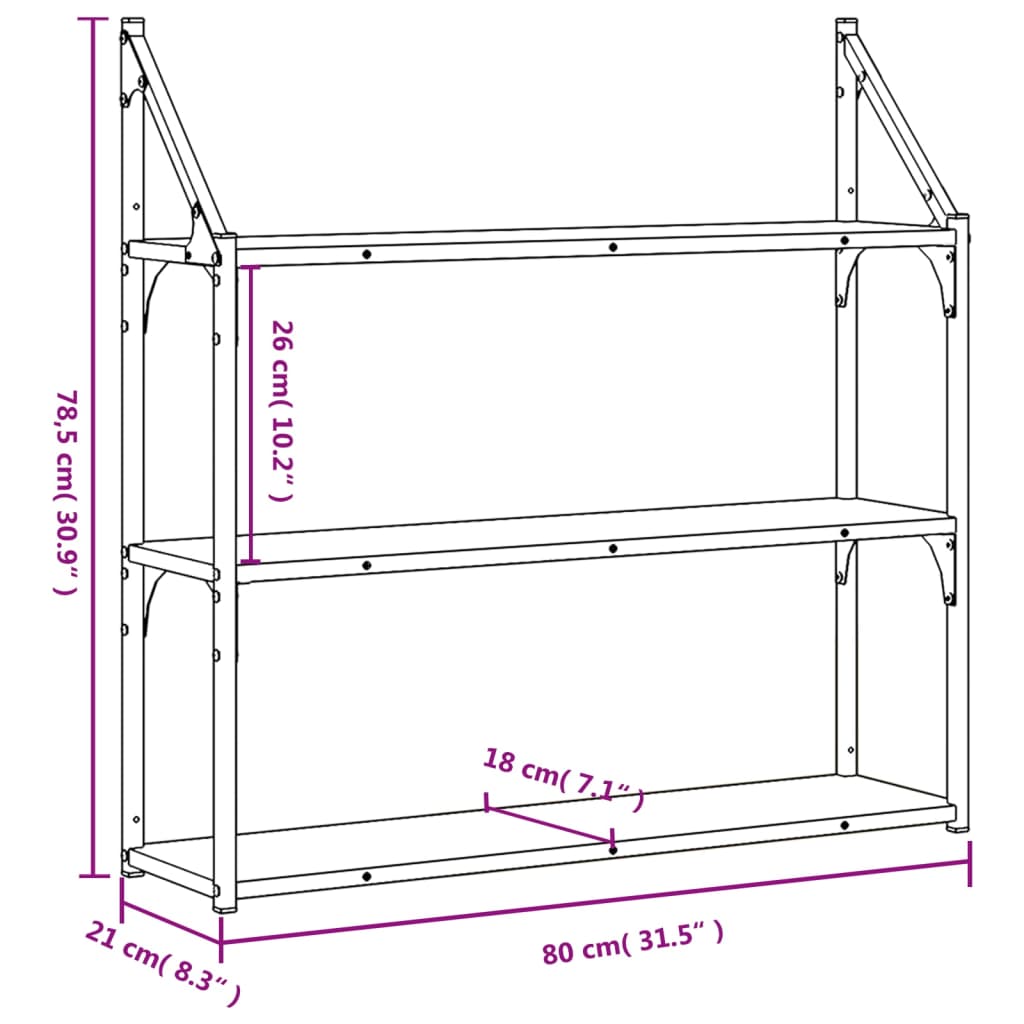 Vegghylle 3 etasjer sonoma eik 80x21x78,5 cm konstruert tre
