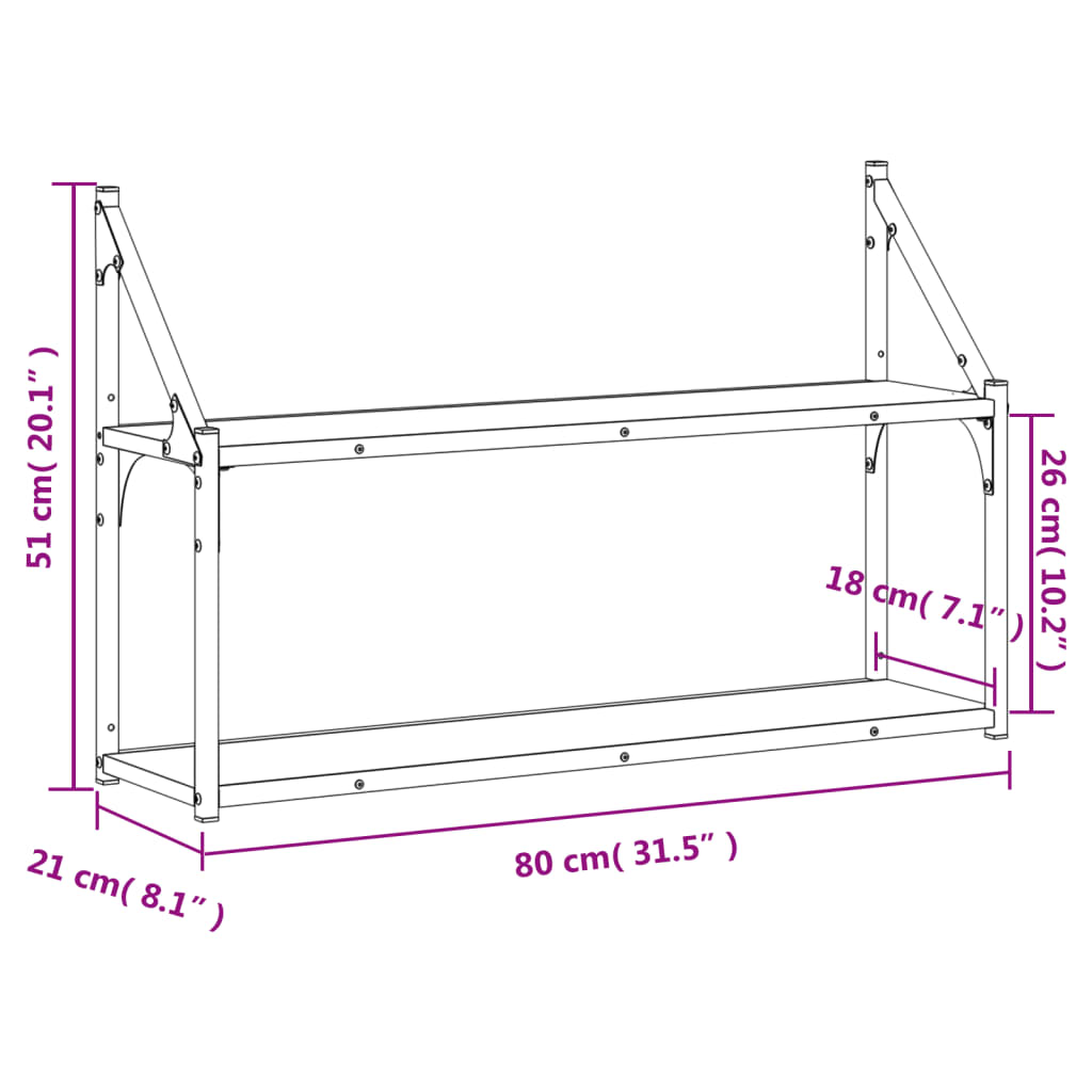 Vegghylle 3 etasjer svart 80x21x51 cm konstruert tre