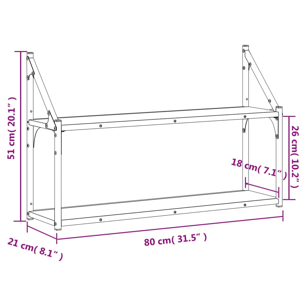 Vegghylle 2 etasjer brun eik 80x21x51 cm konstruert tre