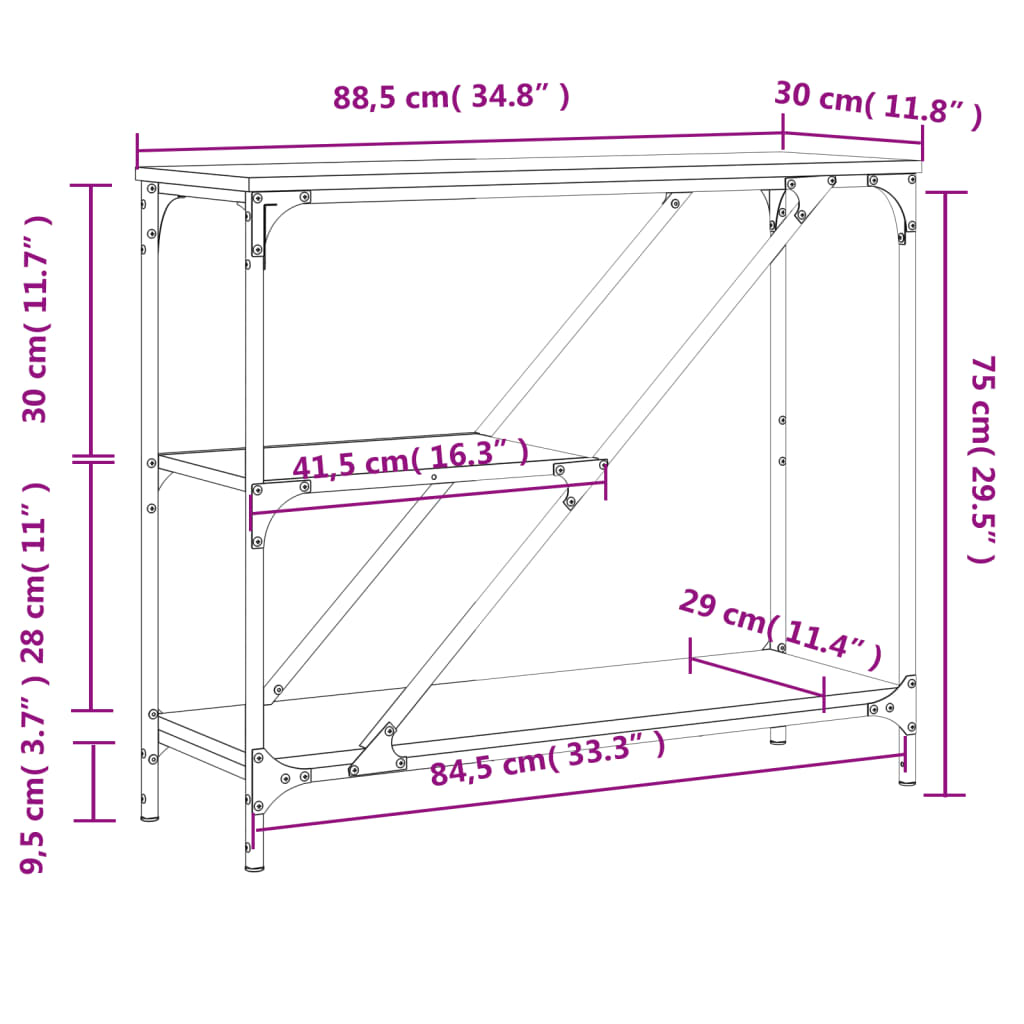 Konsollbord sonoma eik 88,5x30x75 cm konstruert tre