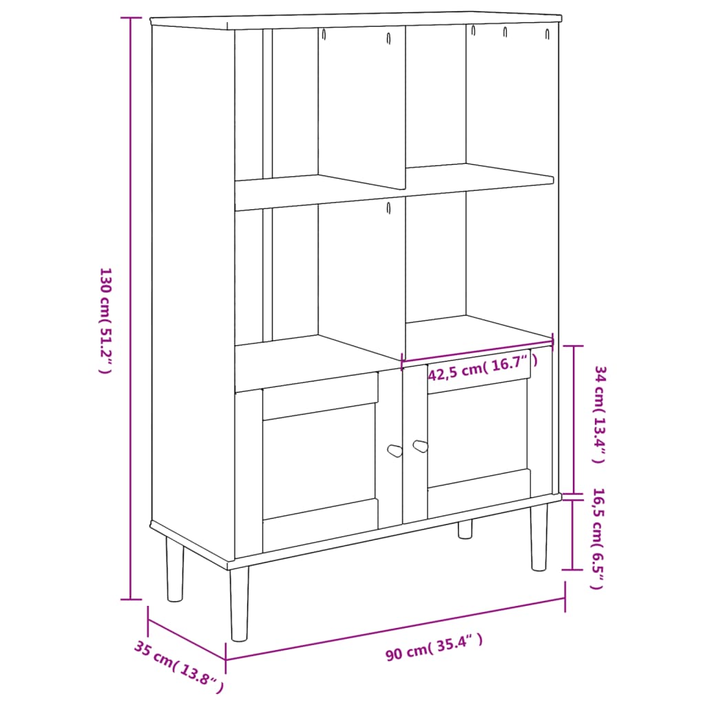 Bokhylle SENJA svart 90x35x130 cm heltre furu