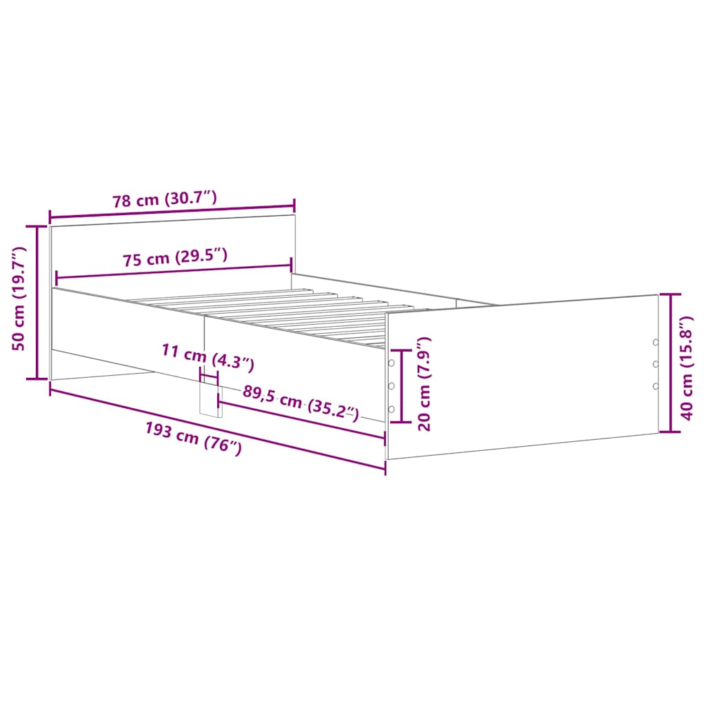 Sengeramme hvit 75x190 cm konstruert tre