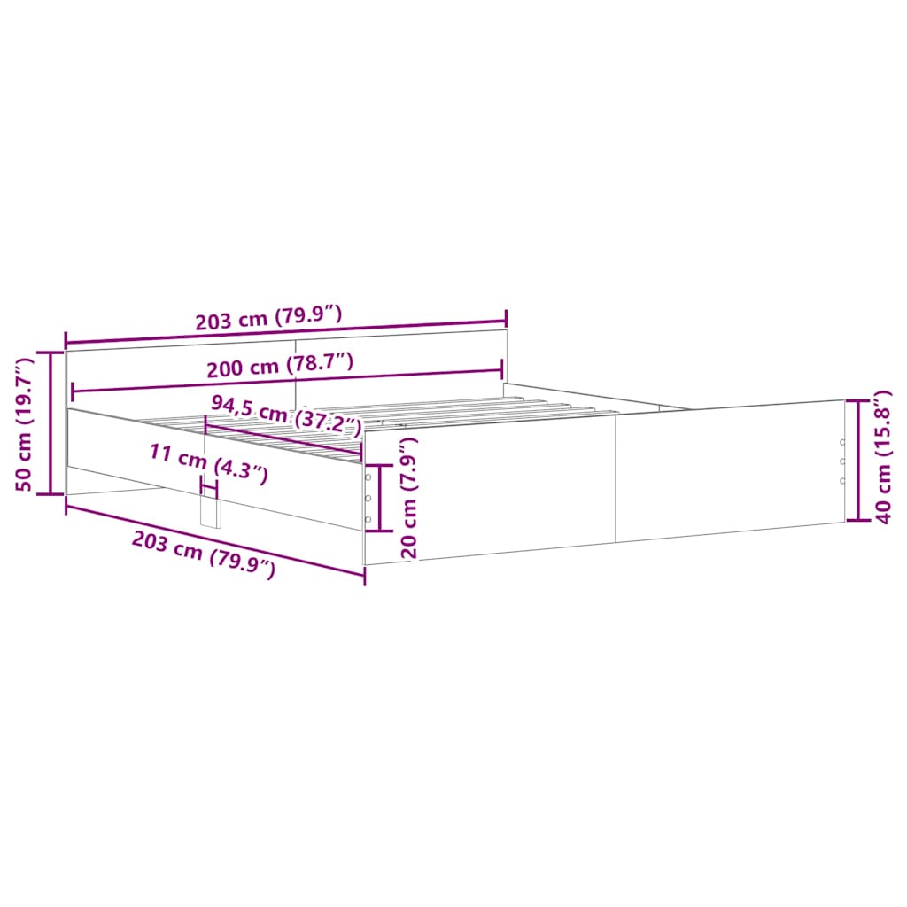 Sengeramme med hode- og fotgavl betonggrå 200x200 cm