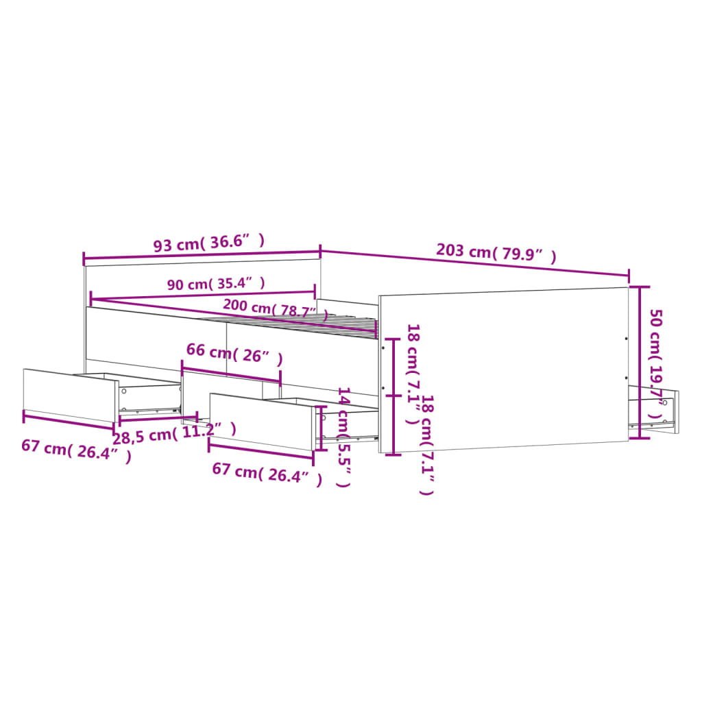 Sengeramme med hode- og fotgavl svart 90x200 cm