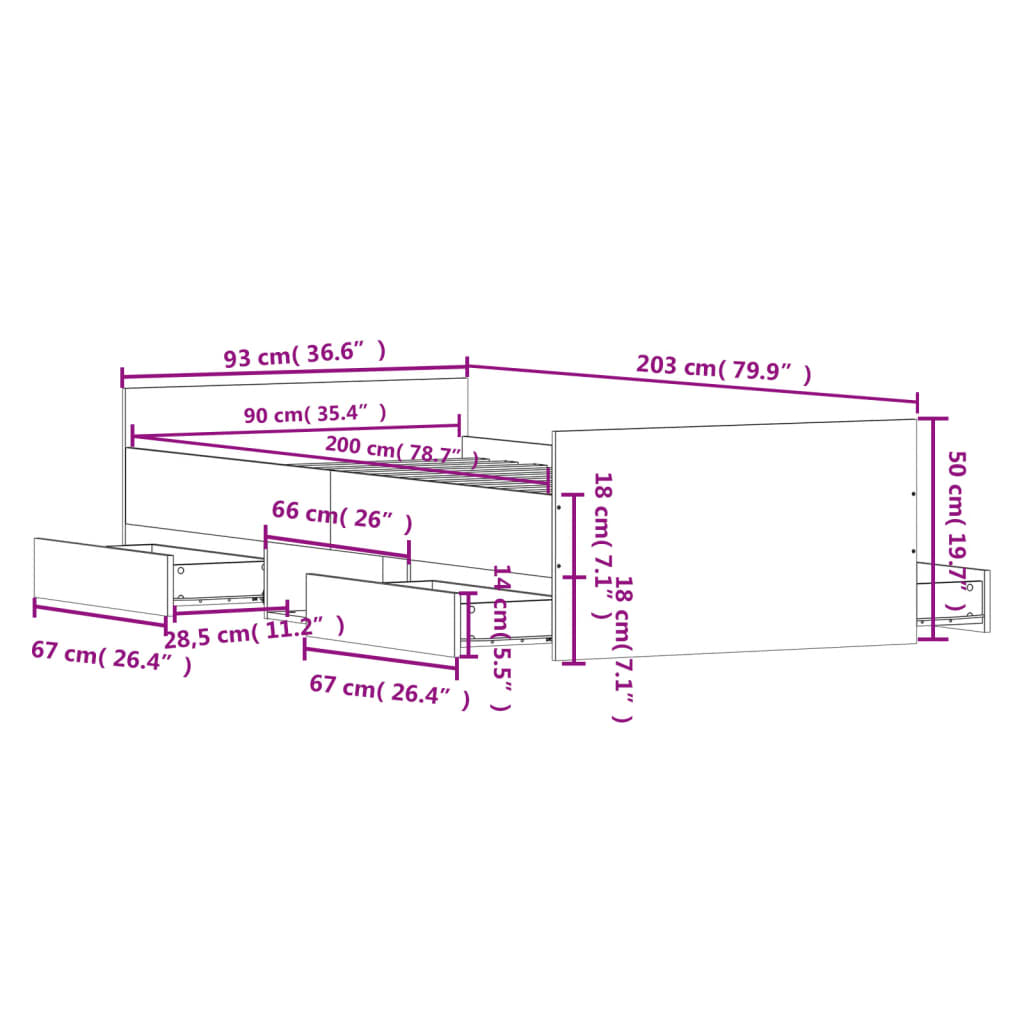 Sengeramme med hode- og fotgavl betonggrå 90x200 cm