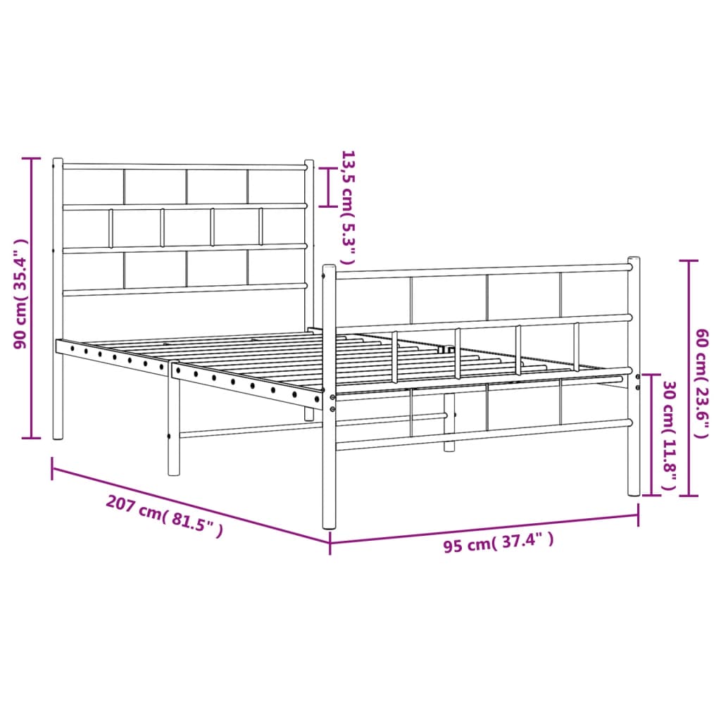 Sengeramme i metall med hode- og fotgavl hvit 90x200 cm