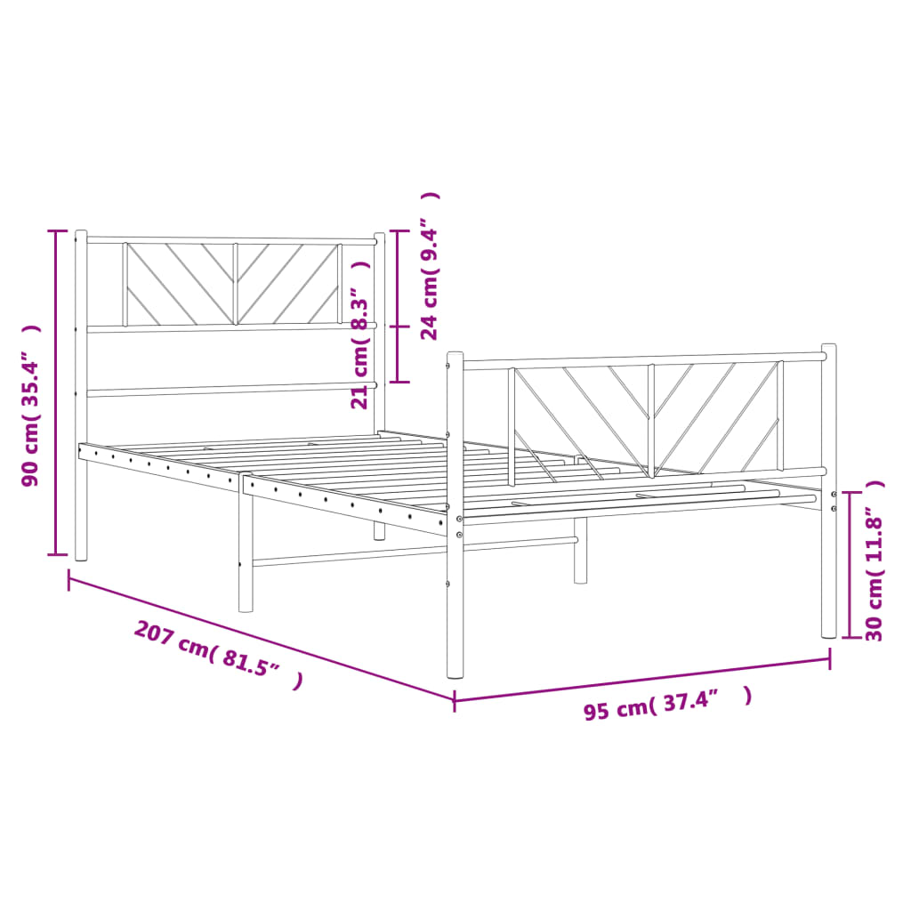 Sengeramme i metall med hode- og fotgavl svart 90x200 cm