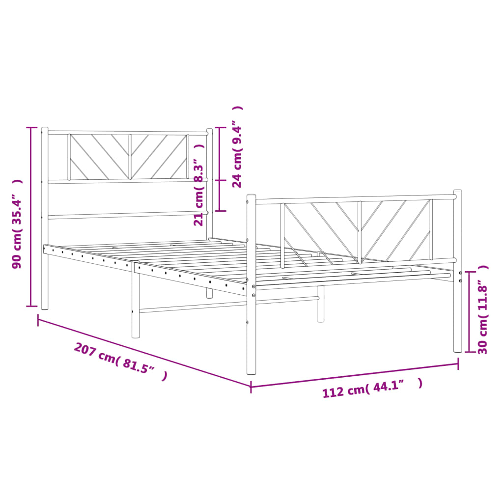 Sengeramme i metall med hode- og fotgavl hvit 107x203 cm