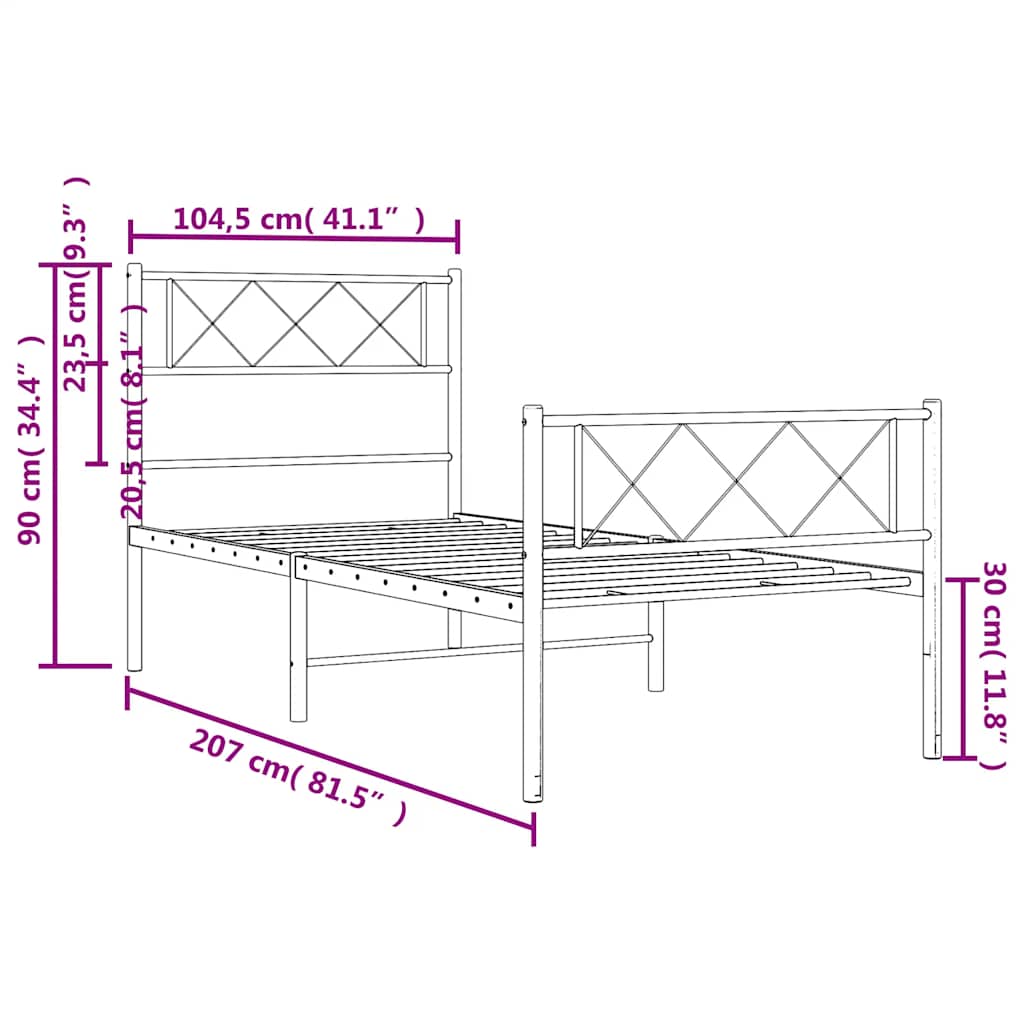 Sengeramme i metall med hode- og fotgavl svart 100x200 cm