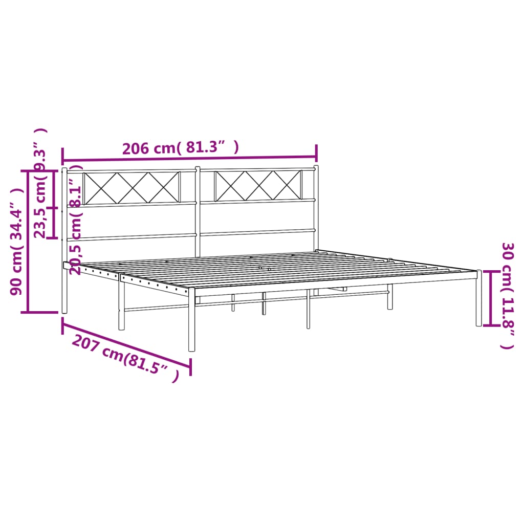 Sengeramme i metall med sengegavl hvit 200x200 cm vidaXL