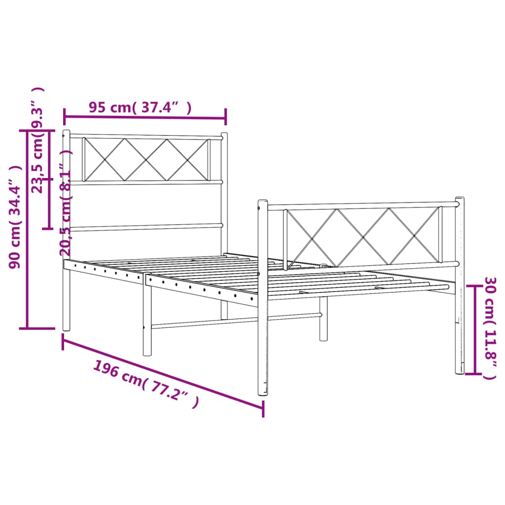 Sengeramme i metall med hode- og fotgavl hvit 90x190 cm