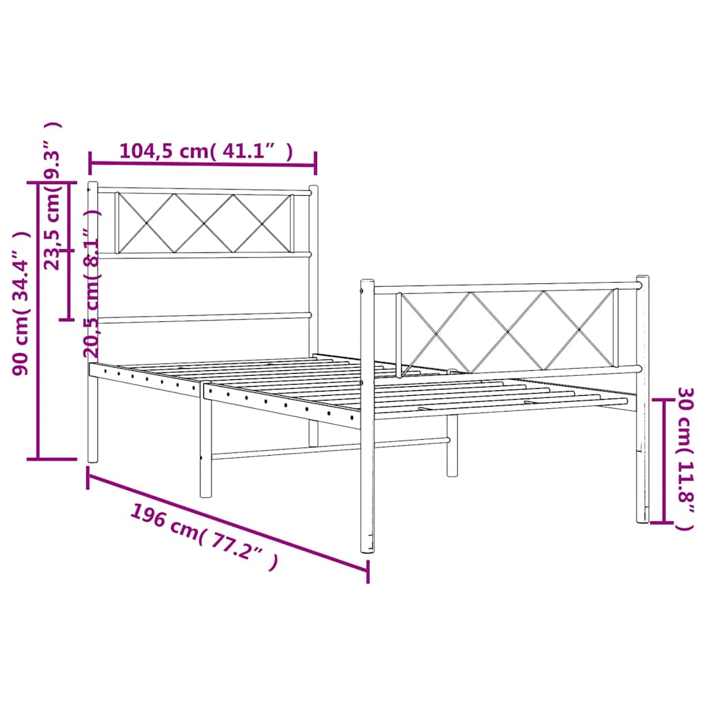 Sengeramme i metall med hode- og fotgavl hvit 100x190 cm
