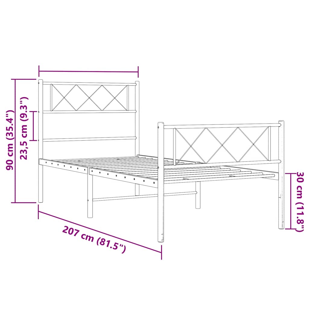 Sengeramme i metall med hode- og fotgavl hvit 100x200 cm