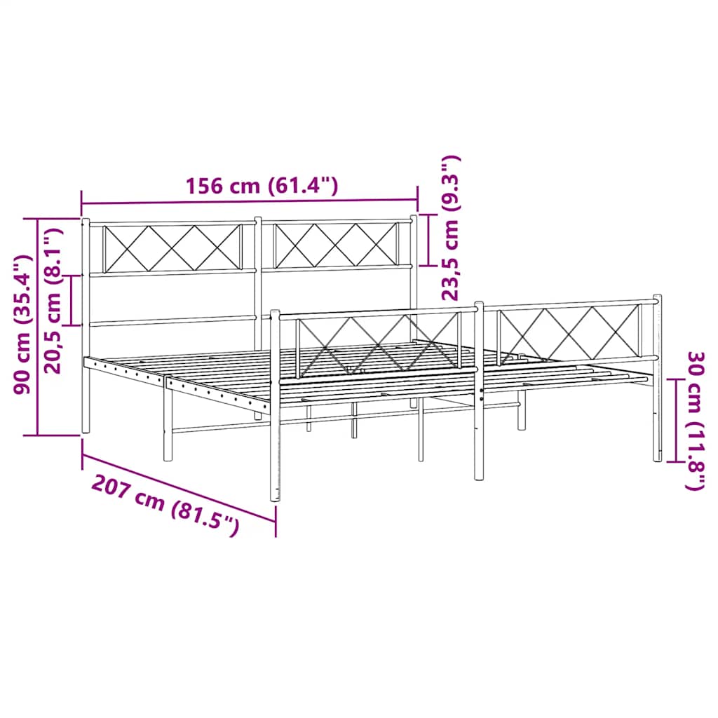 Sengeramme i metall med hode- og fotgavl hvit 150x200 cm